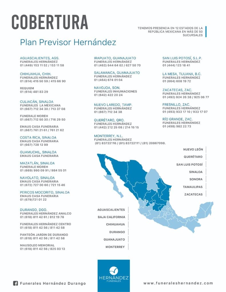 Cobertura del Plan Previsor Hernández: presencia en 12 estados de México y más de 50 sucursales, con directorio de ubicaciones y teléfonos